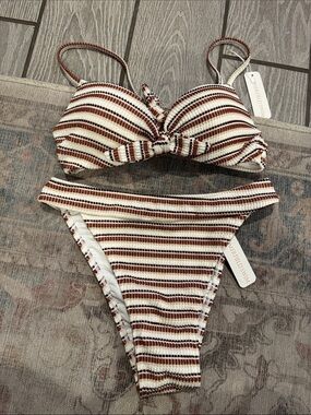 NWT Somerfield White and Brown Striped Bikini Swim Set